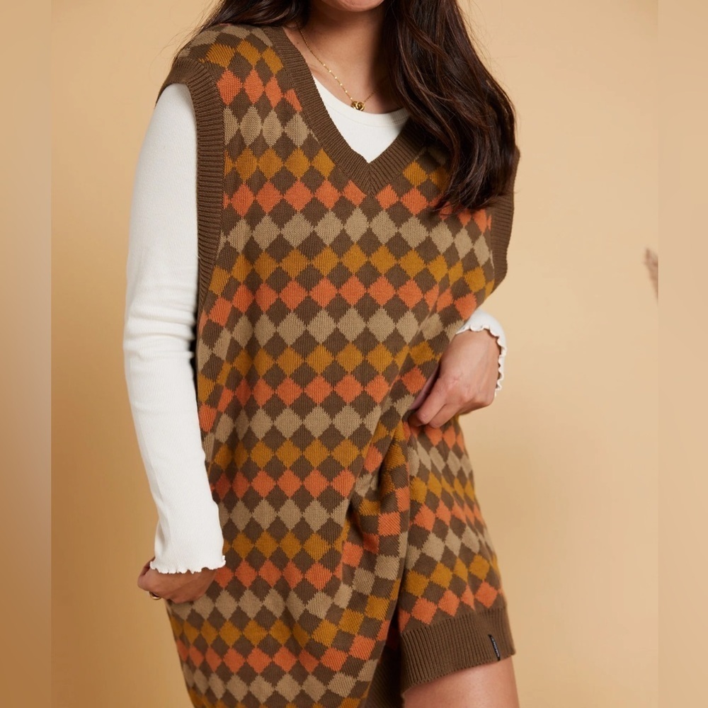 Known Supply NWT Edna Sweater Vest Dress Teak Ombre Argyle Print Size XS